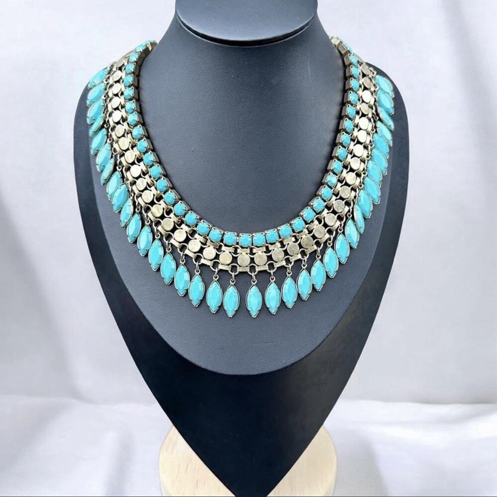 Vintage Turquoise Glass Fringe Necklace Midcentury Navette Egyptian Revival 60s
